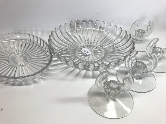 (6) Heisey Crystolite Items: 12" Dia. Round & 12" Oblong Bowls & (4) Candleholders