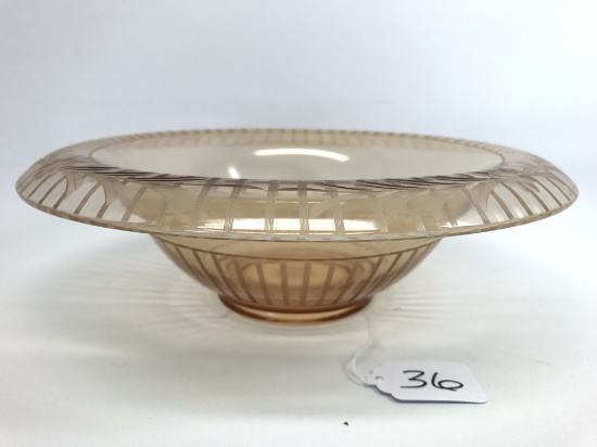 Amber Deep Bowl W/Geometric Design & Wheel Cut Flowers-10.5" Dia.