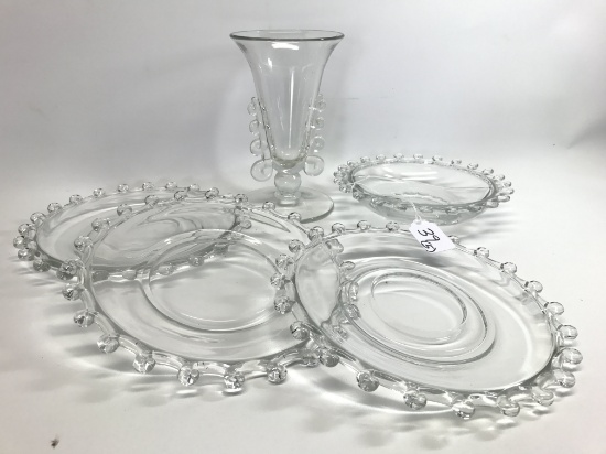 Heisey Lariat Pattern (3) 8" Plates, 7" Divided Relish, & 7.5"T. Vase