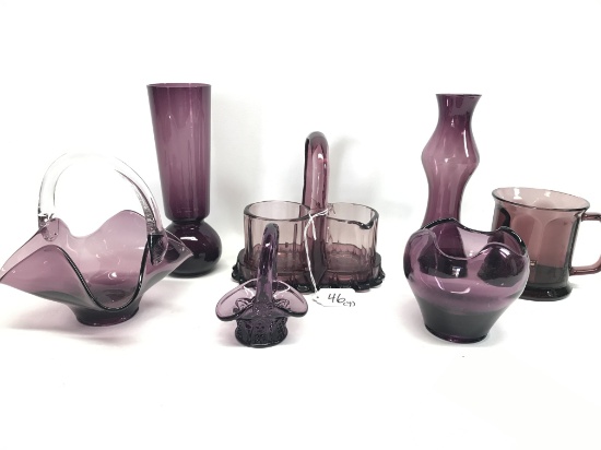 (9) Amethyst Glass Items: cream & Sugar W/Caddy, (2) 8"T. Vases, & More As shown