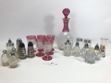 Lot Of (5) salt & Peppers Incl. A 1933 World's Fair & (6) Ruby Flash Cordials W/Decanter