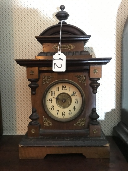 Antique Wood Cased Mantle Clock W/Stamped Brass Accents & Finial Top