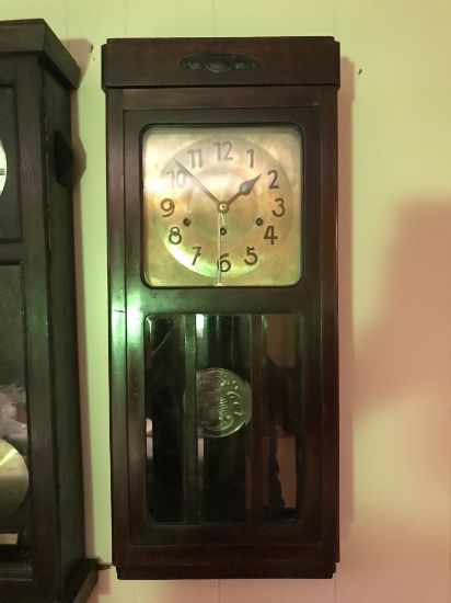 Antique Mahogany Wall Regulator W/Beveled Glass & Brass Dial