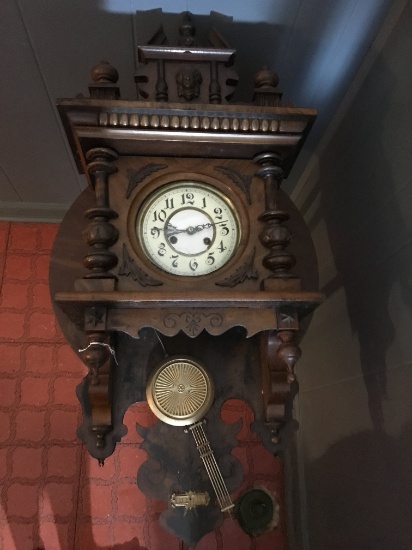 Antique Swinger Wall Clock W/Finials & Columns