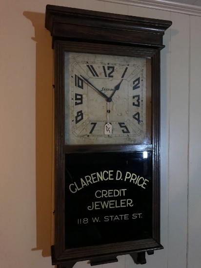 Antique Sessions Wall Regulator Advertising "Clarence D. Price, Credit Jeweler, 118 W.State St."