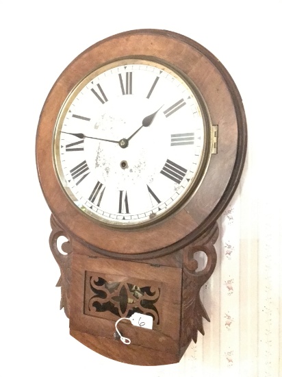 Antique Sessions Walnut Round School House Style Wall Clock