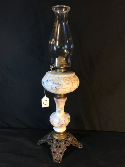 Antique Covill, USA Embossed & Hand Painted Oil Lamp W/Ornate Cast Iron Base