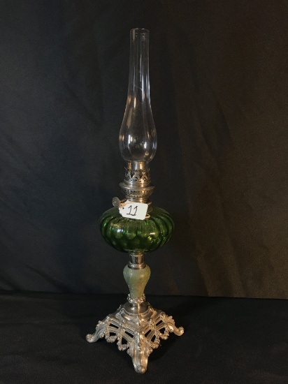 Antique Oil Lamp W/Green Ribbed Font & Ornate Cast Base