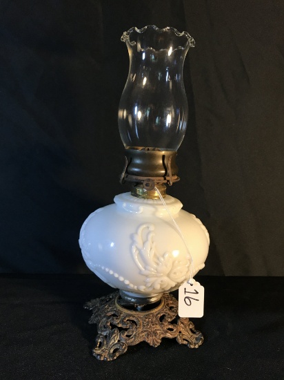 Antique Embossed Milk Glass Oil Lamp W/Cast Iron Base