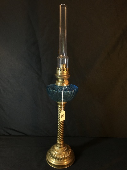 Antique Tall Oil Lamp W/Blue Swirl Font & Brass Base W/Twisted Stem