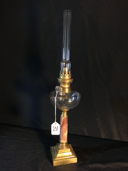 Antique Tall Oil Lamp W/Clear Font Having A Thumbprint Design & Brass Base