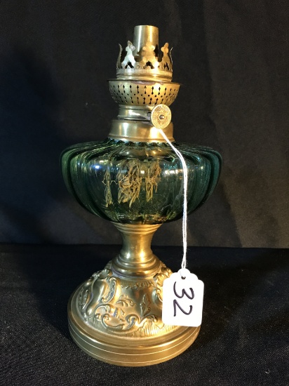 Antique Oil Lamp W/Aqua Font W/Gold Accents & Embossed Brass Base
