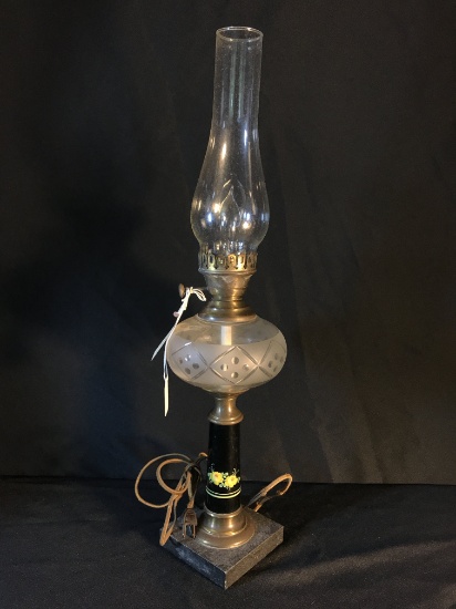 Antique Tall Oil Lamp W/Frosted Font & Cast Iron Base-Been Electrified