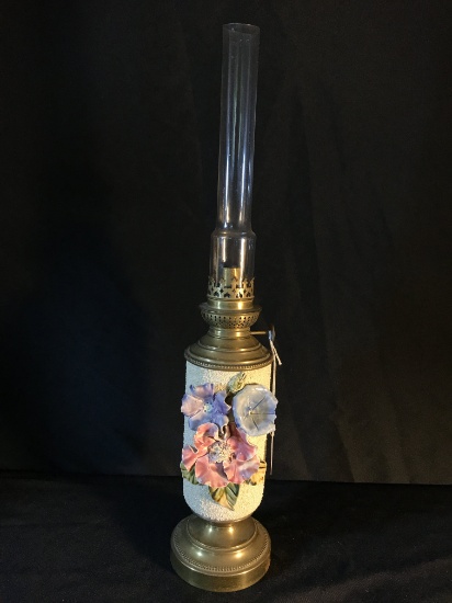 Antique Oil Lamp W/Porcelain Flowers