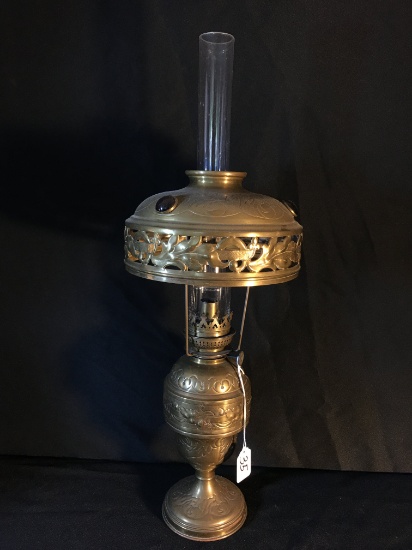 Antique Paris, France Embossed Brass Oil Lamp W/Jeweled Shade