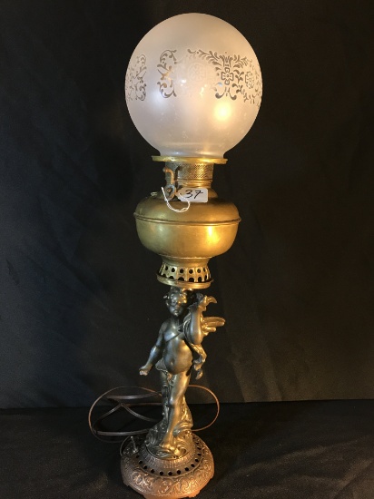 Antique "Miller" Figural Oil Lamp W/Cherub & Milk Glass Etched Shade-Been Electrified