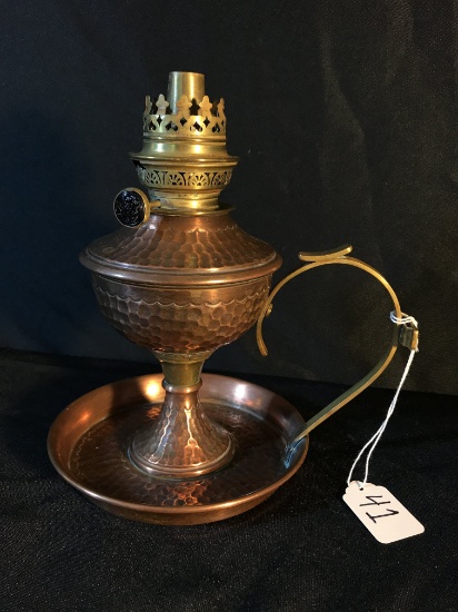 Antique Hammered Copper Oil Lamp W/Handle. Measures 6" tall to top of burner. Marked "HS" on burner,