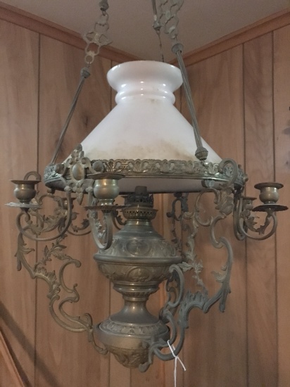 Antique & Ornate Brass & Milk Glass Hanging Light