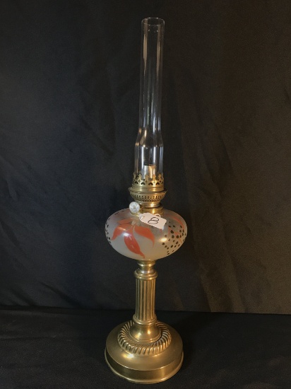 Antique Oil Lamp W/Frosted Font W/Painted Flowers & Ornate Brass Base & Stem