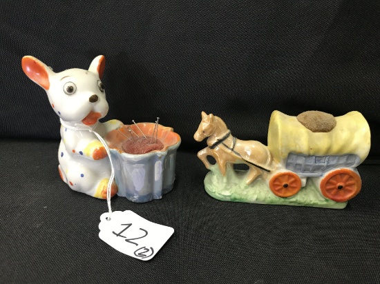 Pair Of Figural Dog & A Stagecoach Pin Cushions 1950's & 1960's Japan  Tallest Is 3.5"T.