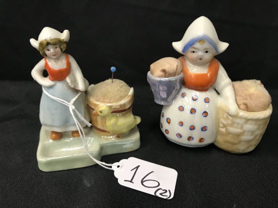 Pair Of  Figural Dutch Girls Pin Cushions From 1950's & 1960's Japan  Tallest Is 3.5"T.