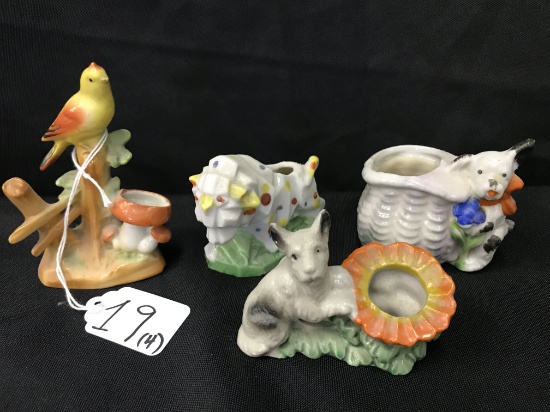 (4) Figural Dog, Bird, & Lion Pin Cushions From 1950's & 1960's Japan  Tallest Is 4"T.