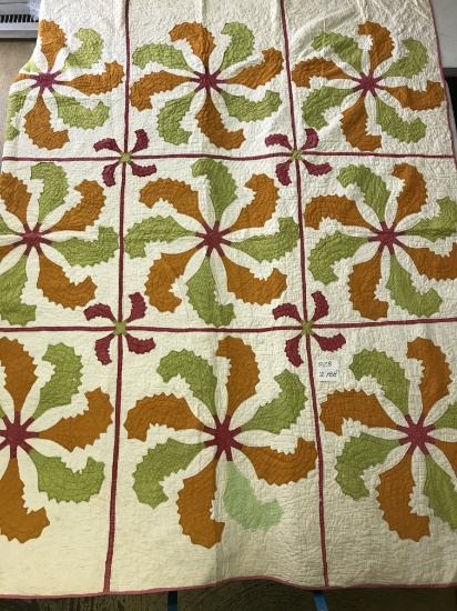 Hand Stitched Applique Quilt In A Leaf/Pinwheel Design  72" x 88"