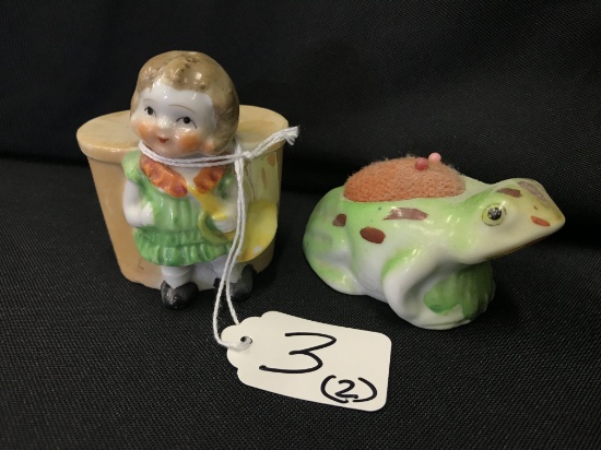 Pair Of Figural Frog & Girl Pin Cushions 1950's & 1960's Japan  3"T.