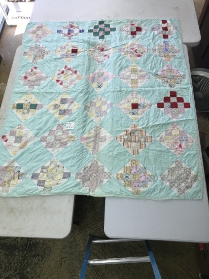 Hand/Machine Stitched Quilt In Geometric Pattern  65" x 74" *Considerable wear, primarily along edge