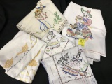 Lot Of (4) Embroidered Card Table Covers & (3) Tea Towels