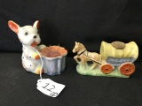 Pair Of Figural Dog & A Stagecoach Pin Cushions 1950's & 1960's Japan  Tallest Is 3.5