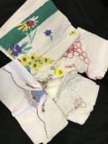 Lot W/4 Embroidered Pillowcases & (1) Vintage Tablecloth