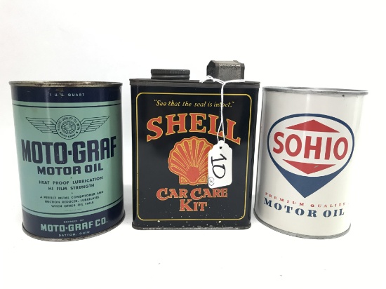 Pair Of Vintage 1 Qt. Oil Cans & Shell (England) Car Care Kit