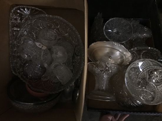 Lot Of Pressed Glass: Punch Bowl W/6 Cups, Salad Bowl W/Utensils, & Misc. Silverware