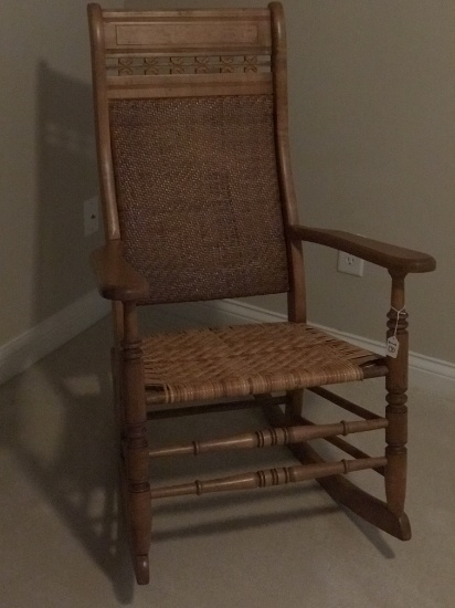 Antique Porch Rocking Chair W/Caned Seat & Back