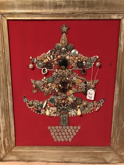 Vintage, Framed  22" X 26" Christmas Tree Made From Costume Jewelry