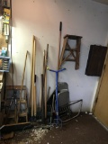 Lot of Yard Tools, Rakes, Hoes, Sledge Hammer, Two Step Ladders