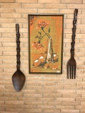 Wood Wall Hanging Fork and Spoon, Burlap Print