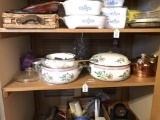 Shelf of Cookware, Brass Tea Kettle, Pressed Glass and More