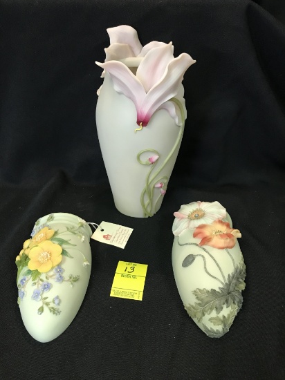 Iris & Orchard 9.5"T. Vase & 6.5"T. Wall Pocket + Another 5.5"T. Wall Pocket