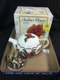 Lot Of  Andrea's Flowers & Teapot W/Apple Design