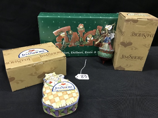 Jim Shore cat covered box, Holy family glass dome ornament, Boyd Bears "Jingle"