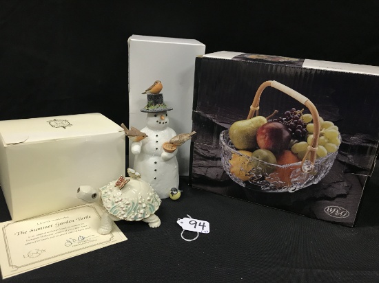Lenox "Summer Garden Turtle", Hallmark Snowman with Birds, WP&G glass bowl
