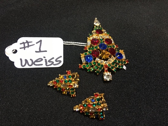 Weiss 2.25"T. Christmas Tree Brooch Pin W/Matching Earrings