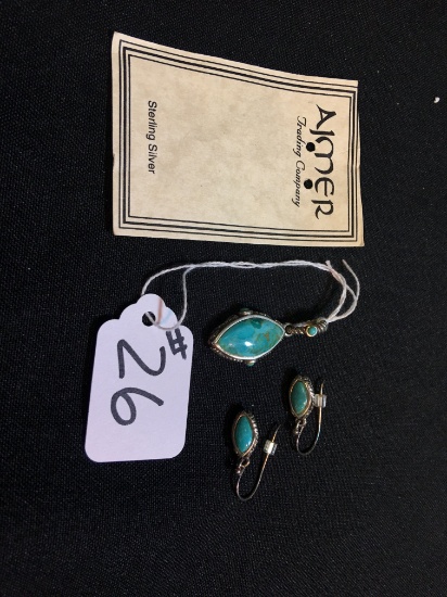 Sterling & Turquoise Pendant W/Matching Earrings  (12 grams)