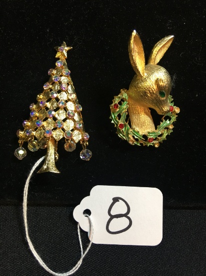 Christmas Tree 2.5"T & Rudolph 2.25"T. Brooch Pins By Mylu