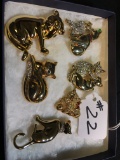 (6) Goldtone & Rhinestones Cat Pins-Largest Is 2