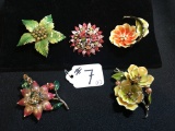 (5) Brooch Pins W/Enameling, Rhinestones, & Pearls