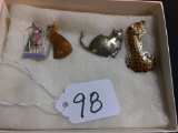 (3) Sterling Cat/Leopard Pins-(2) Enameled  (10 grams)