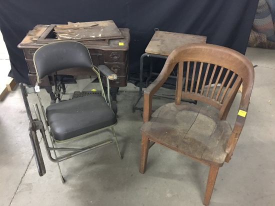 Vintage Sewing Machine, Oak Chair, Typewriter Stand, & Writing Chair *All Are Rough*